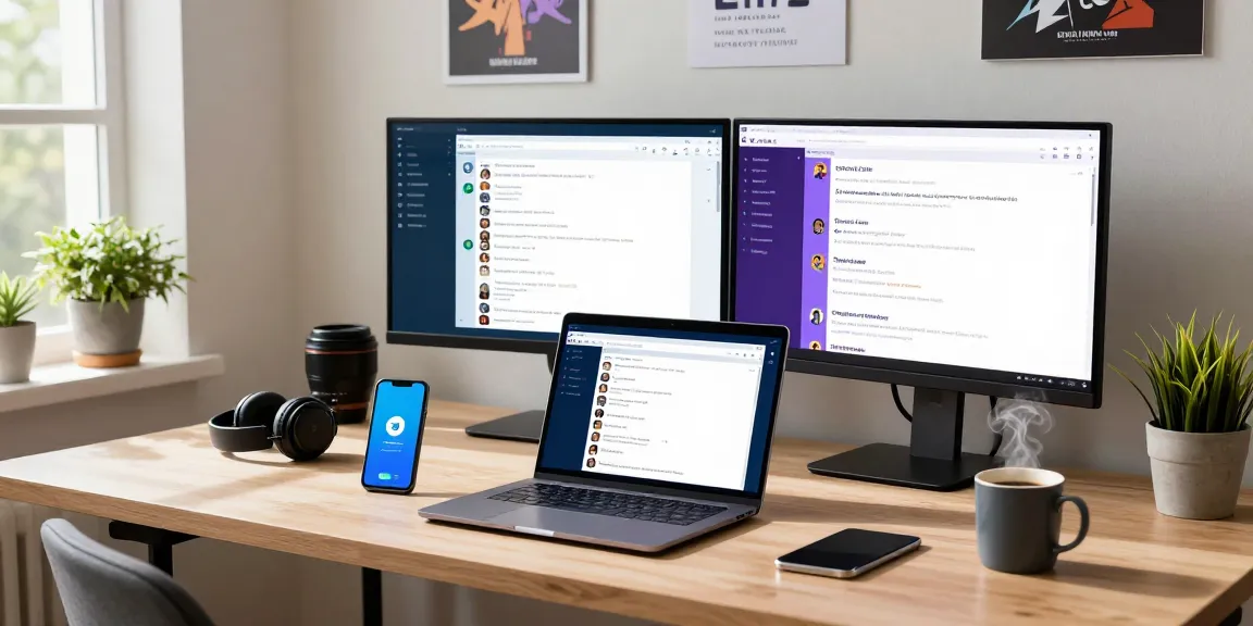 Engaging with the Telegram Web Version in a stylish home office, showcasing productivity.