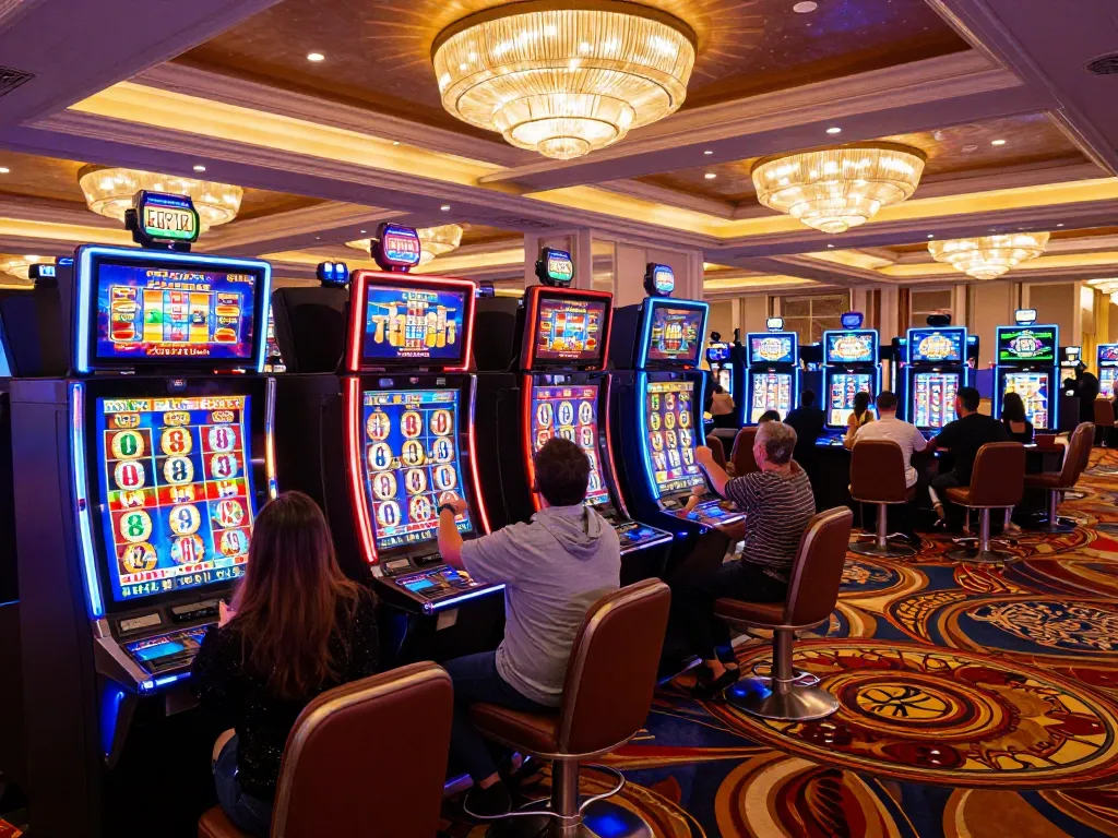 Players celebrating a jackpot win at vibrant slot machines, engaging with https://va88.moe/ for exciting gaming experiences