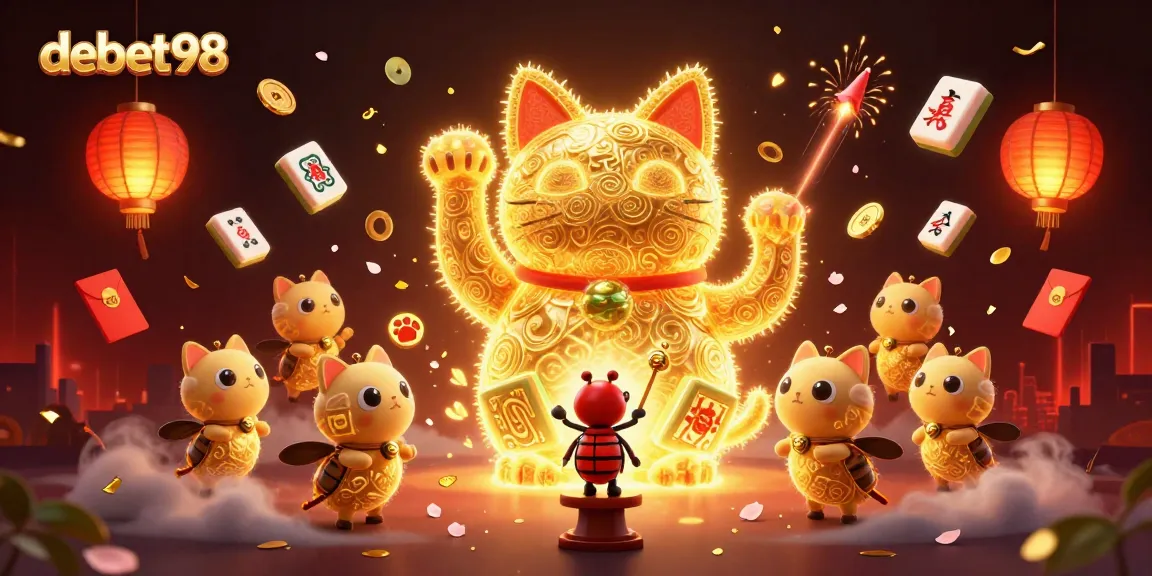Experience the vibrant energy of debet98 with golden fireflies and casino treasures in this rich digital illustration.