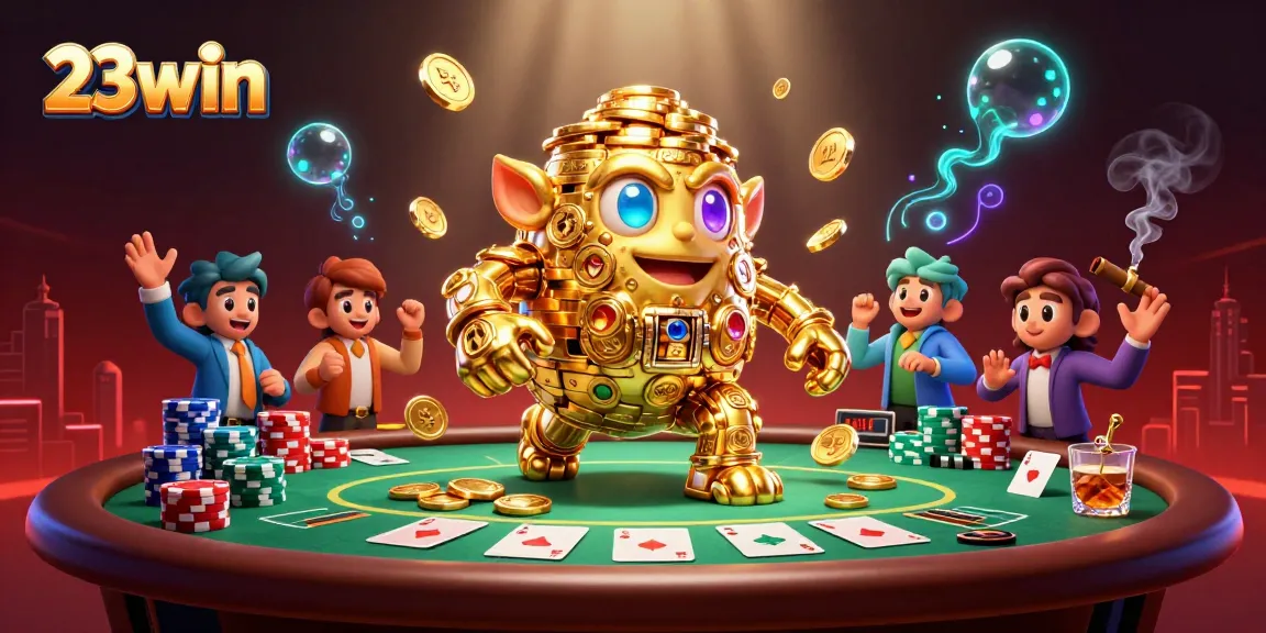 Experience the thrill of 23win as you play poker with golden golems and vibrant casino elements.