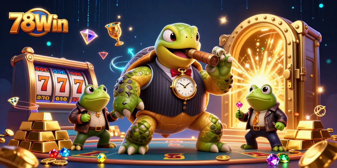 Experience 78Win's thrilling slots with a massive turtle and bullfrogs in a vibrant casino scene.