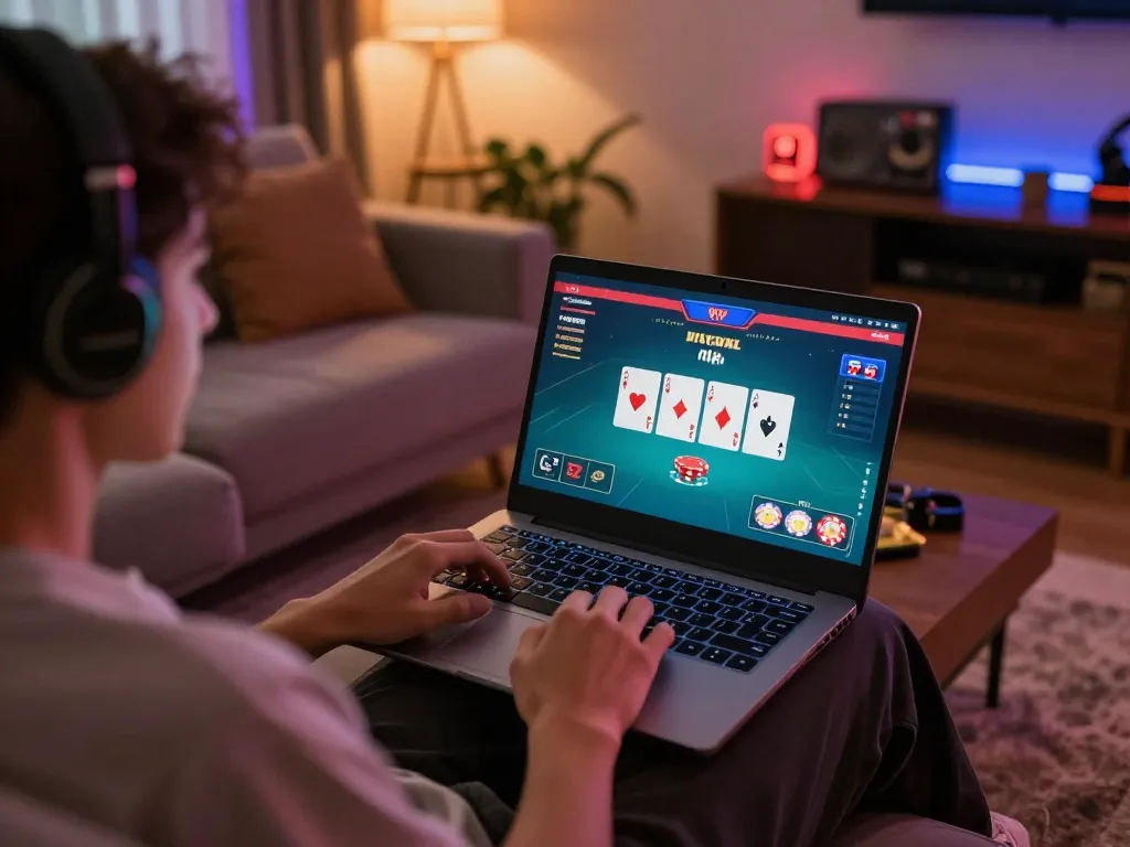 Player engrossed in online poker game on laptop showcasing x888 strategy, cozy home setup