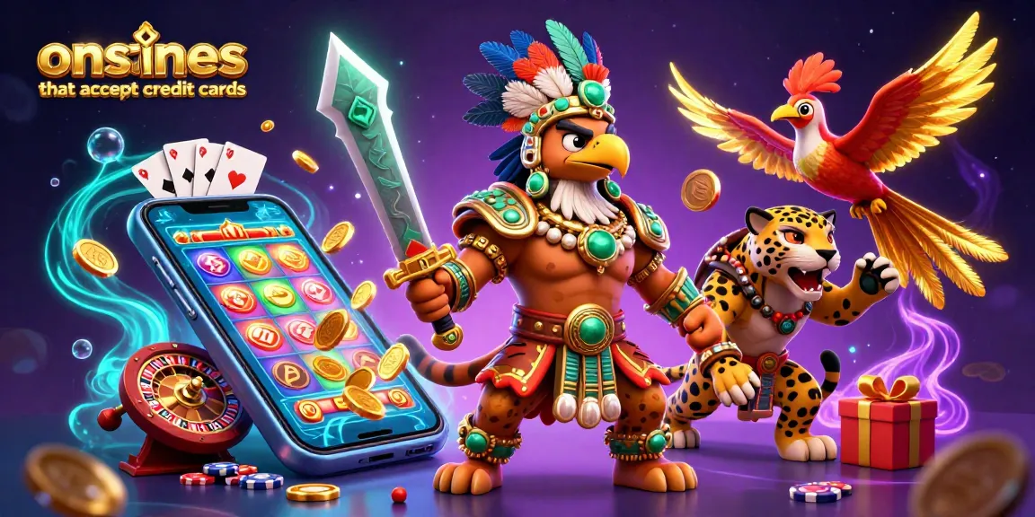 Engage with online casinos that accept credit cards through a thrilling scene of an Aztec warrior and dynamic gaming elements.
