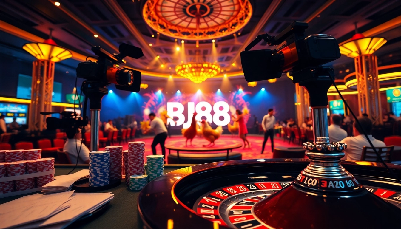Experience the thrill of live cockfighting at BJ88 with immersive betting visuals and casino elements.