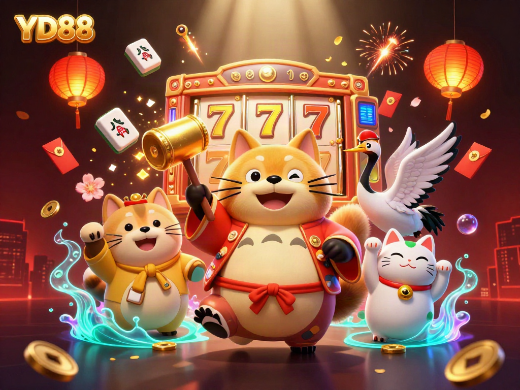 Join the fun at YD88 with cheerful tanuki and lucky symbols in a vibrant casino atmosphere.