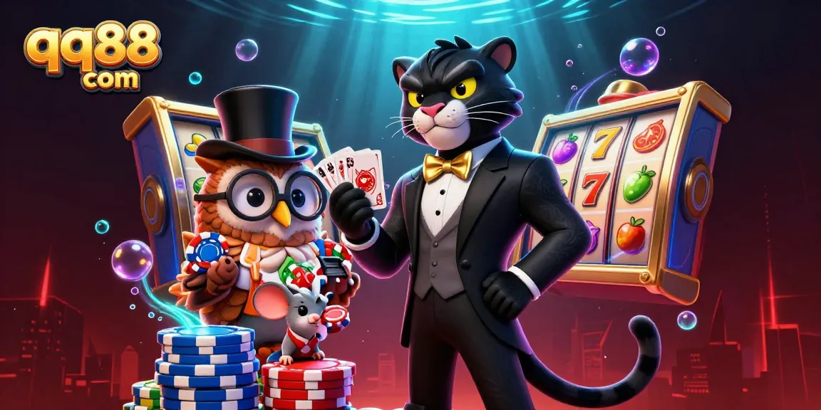 Experience exciting gaming at qq88 com with stylish characters, spinning slot reels, and vibrant casino elements.