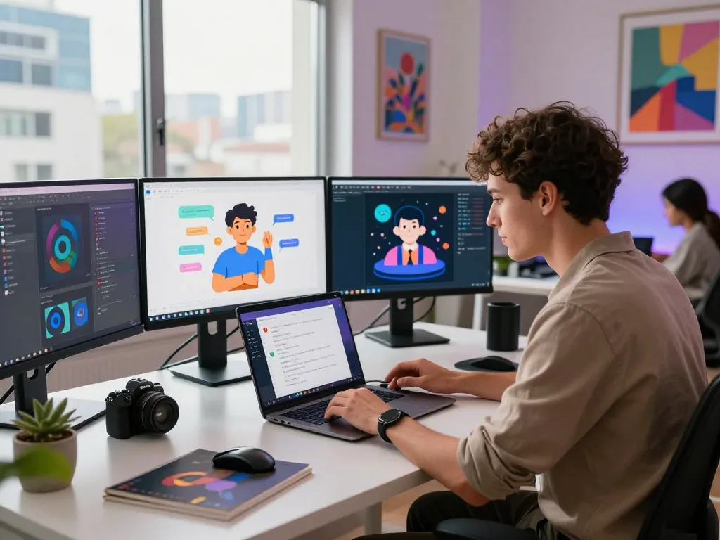 Engaging with crush ai chatbot in a modern workspace filled with innovative tech elements and creative atmosphere.
