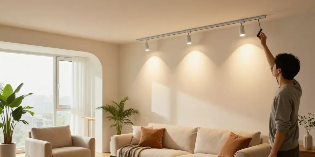 Iluminat modern cu sina magnetică în interior elegant, puncte LED reglabile pentru decor.