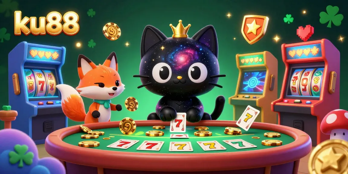 Experience the immersive ku88 casino action with a whimsical scene of a galactic cat and nebula fox pulling golden chips from a cosmic table.