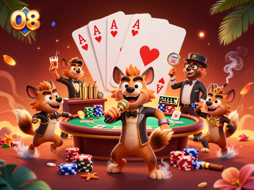 O8 hyenas entertain with comedy in an ultra-detailed casino scene, showcasing vibrant gaming elements.