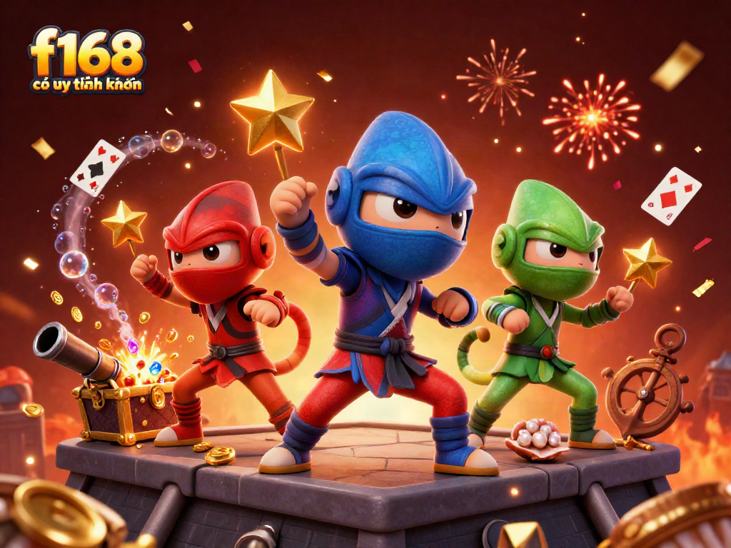 Engage in thrilling gaming with f168 có uy tín không, featuring vibrant 3D chameleons and casino elements.