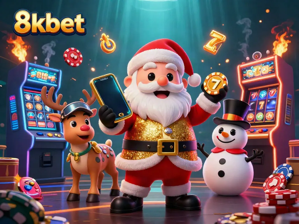 Experience the vibrant world of 8kbet with Santa and friends enjoying jackpot slots in a dazzling casino.