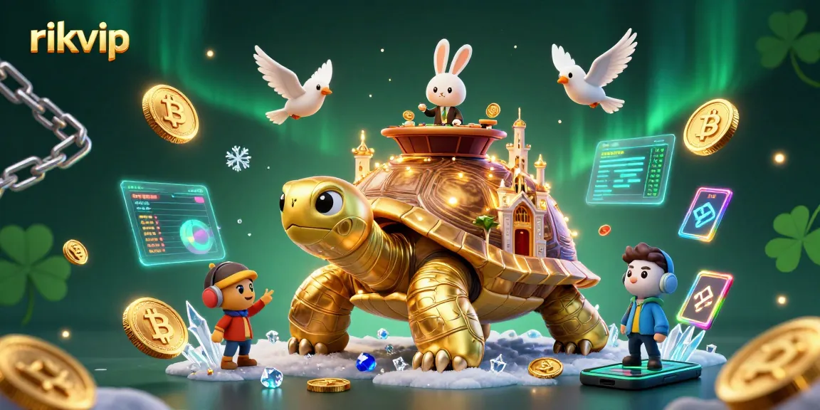 Win big with rikvip using golden tortoise and rabbit dealer in a vibrant 3D casino scene.