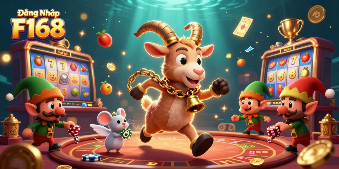Engage in Đăng Nhập F168 to access thrilling games, featuring a whimsical casino scene with Krampus, an angel mouse and elf gremlins.