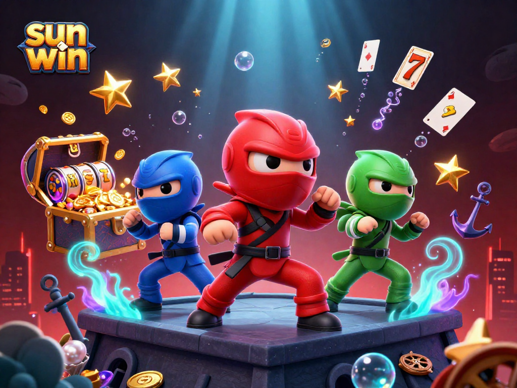 Experience thrilling wins with sun win in this vibrant casino-themed 3D illustration featuring colorful chameleons.