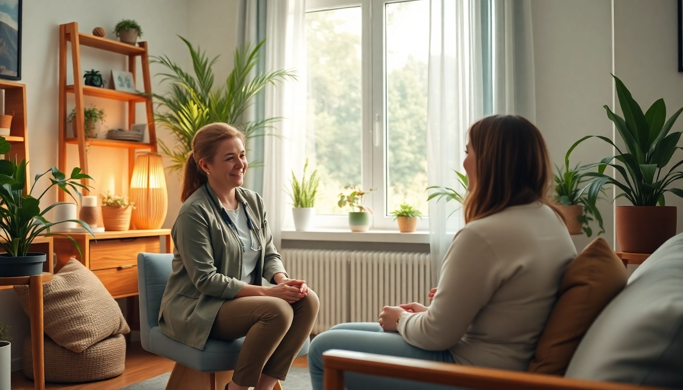 Therapist supporting client in addressing stress and anxiety in a calming office.