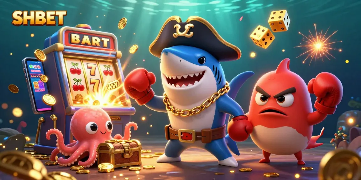 Engage with SHBET's vibrant 3D casino world featuring a pirate shark, pufferfish, and octopus amidst thrilling jackpot visuals.