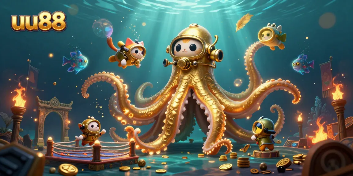 Experience thrilling action at uu88, where a colossal kraken and diving cat reign beneath the waves.