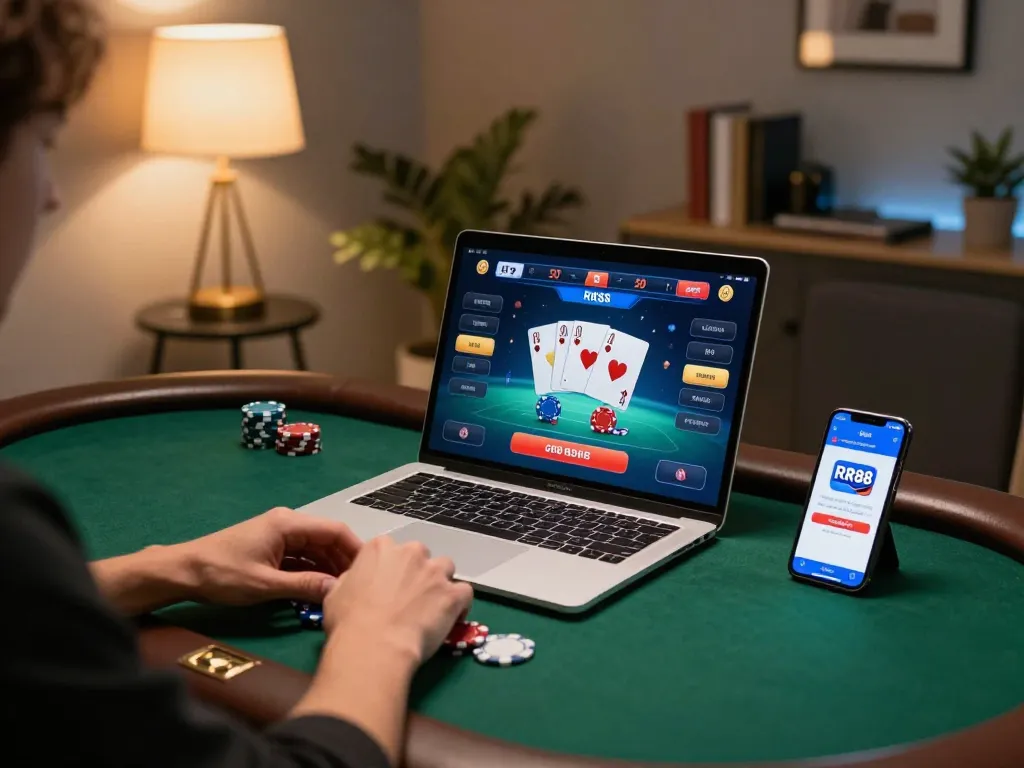 Player enjoying online poker on RR88, showcasing vibrant gameplay and cozy decor.