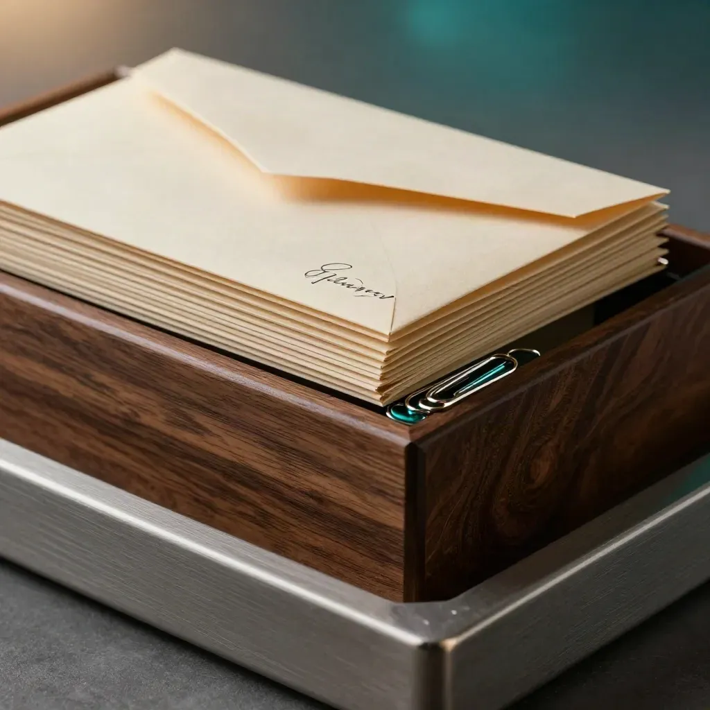 Walnut archive box, sealed envelopes and nickel clips on brushed stone with teal reflections