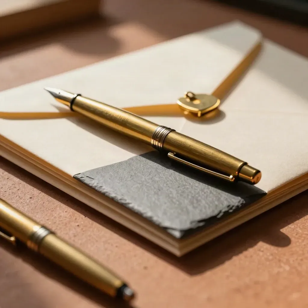 Close-up of a sign-off packet with envelope, pen, clip, and folder in warm light.