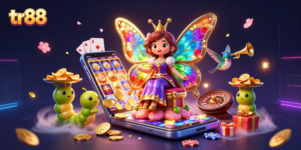 tr88's vibrant casino illustration features a butterfly queen among dazzling game elements.