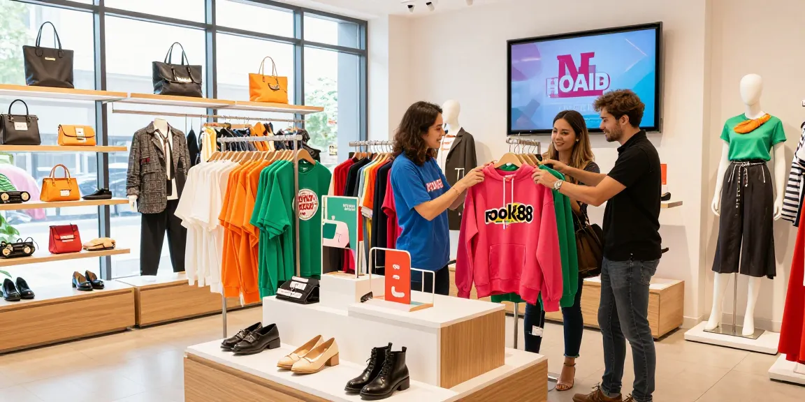Shopper exploring rokok88 super fashion items in vibrant retail space.