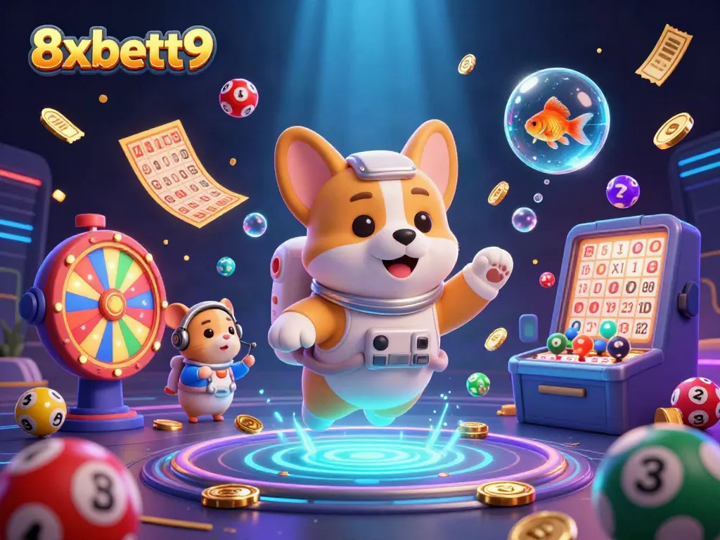 Bettors engage with 8xbett9's dynamic space casino scene filled with colorful lottery elements and cheerful characters.