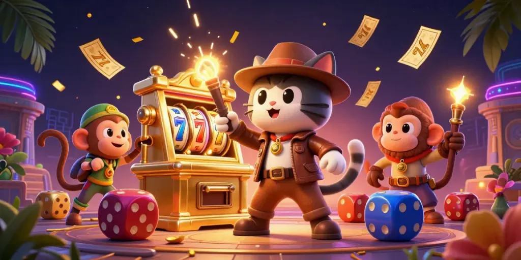 Engaging scene showcasing a cat archaeologist discovering a golden slot machine artifact with vibrant casino elements.