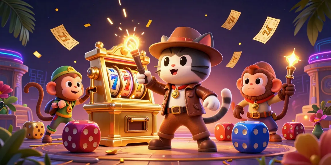 Engaging scene showcasing a cat archaeologist discovering a golden slot machine artifact with vibrant casino elements.
