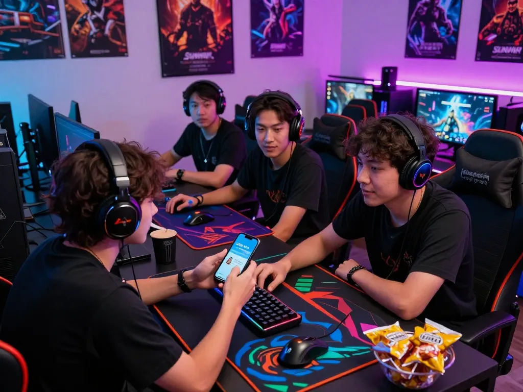 Tải sunwin app demonstrated on a smartphone in a vibrant gaming setup with friends.