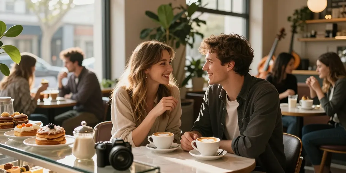 A cozy coffee shop scene where a couple enjoys a warm moment, perfect for exploring feelings of a crush on someone.