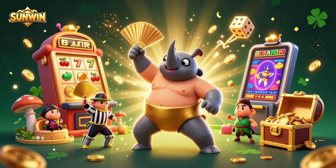 SUNWIN champions celebrate with coins, showcasing vibrant casino elements of fun and excitement.