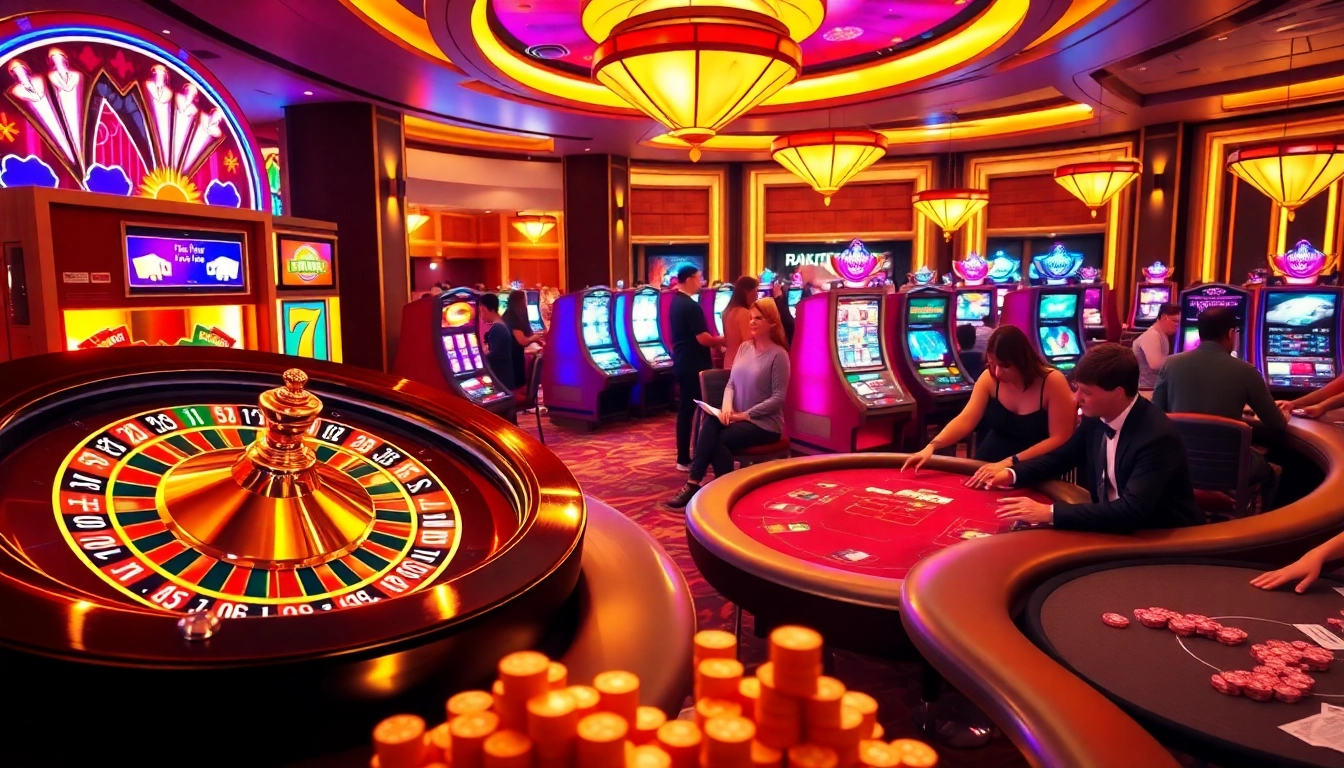 Engaging gambling scene with players at 78win Com showcasing poker tables and exciting slot machines.