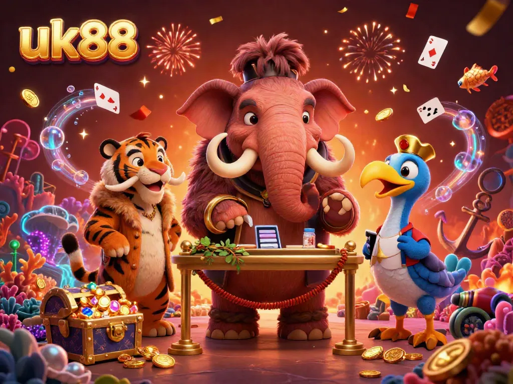 Immerse in an explosive uk88 casino scene with vibrant characters and gaming elements.