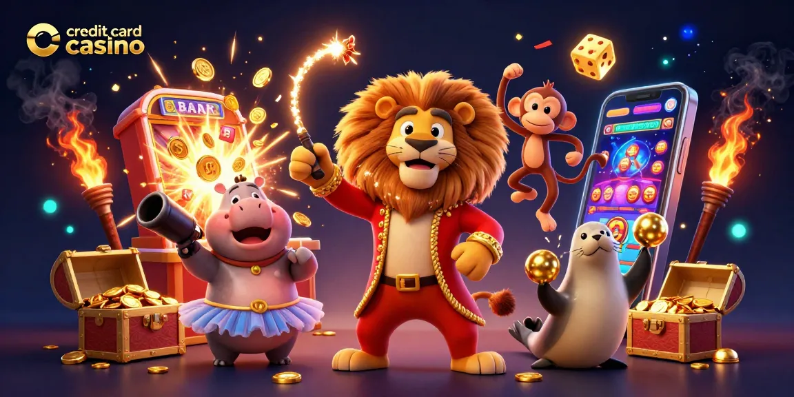 Engaging scene illustrating a credit card casino with vibrant characters, slots, and dynamic elements.