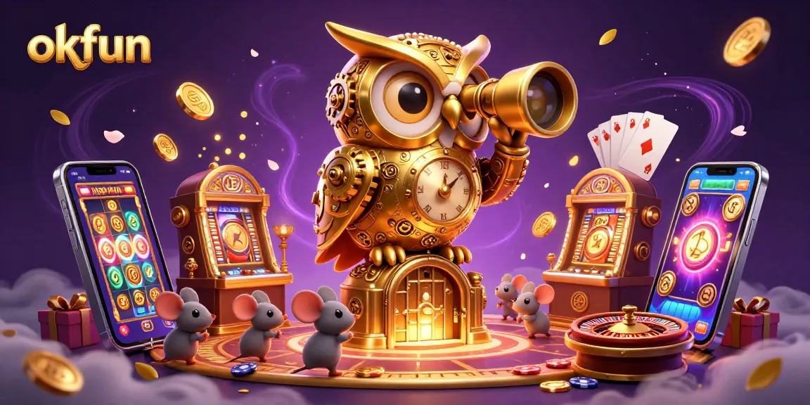Engage in thrilling gameplay at okfun with an illustrated scene showcasing dynamic slot games, golden coins erupting, and vibrant casino elements.