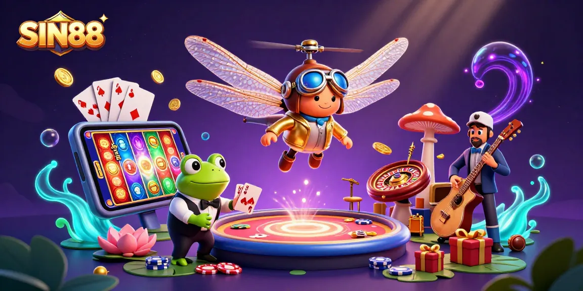 SIN88 showcases a lively scene with a dragonfly pilot and casino elements, depicting gambling excitement.