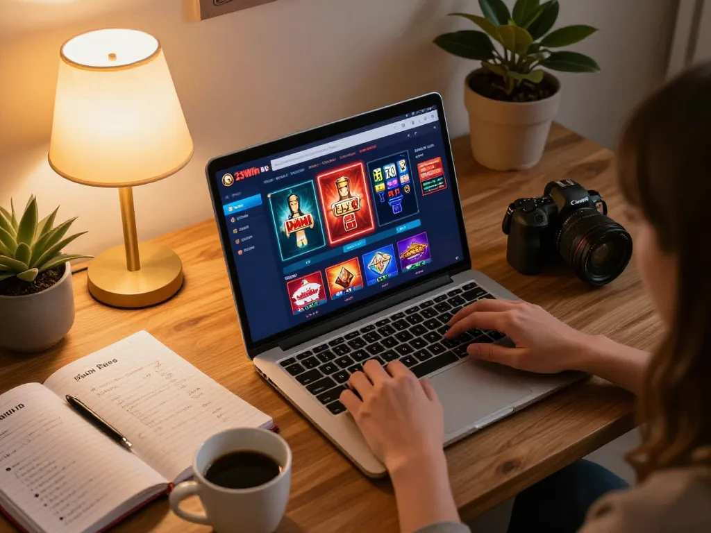 Person engaged in online gaming on 23Win, showcasing a poker game interface, cozy home setting