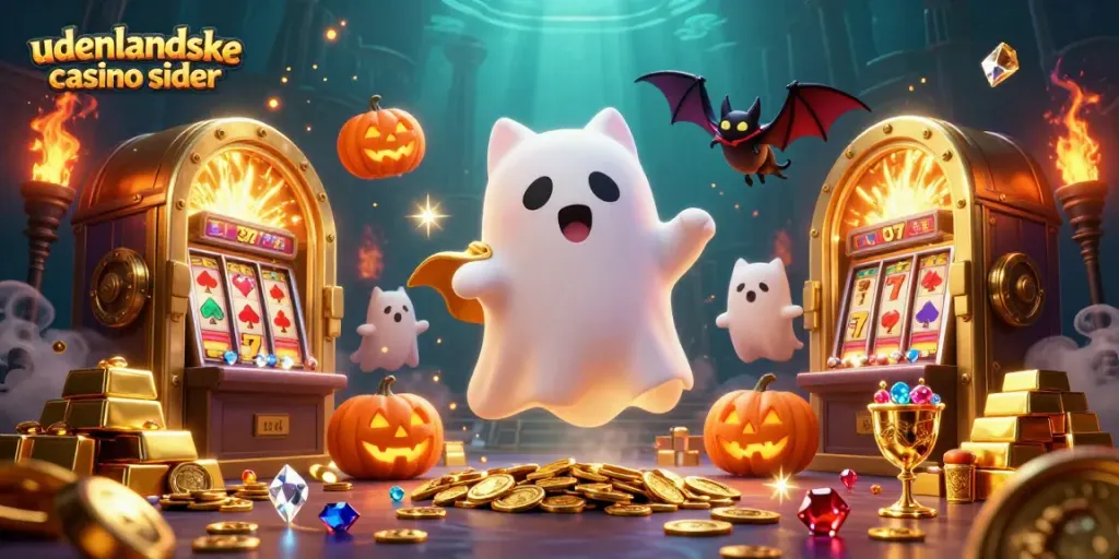 Explore udenlandske casino sider with a vibrant 3D scene featuring a friendly ghost cat and a vampire bat.