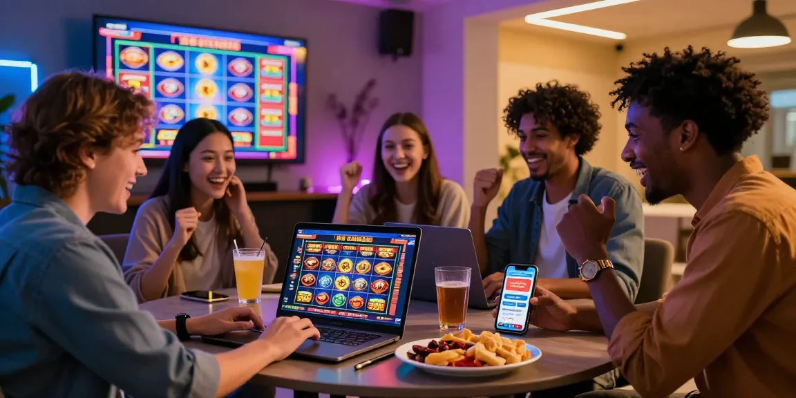 Friends enjoying games at visa casinos with laptops and snacks in a lively atmosphere