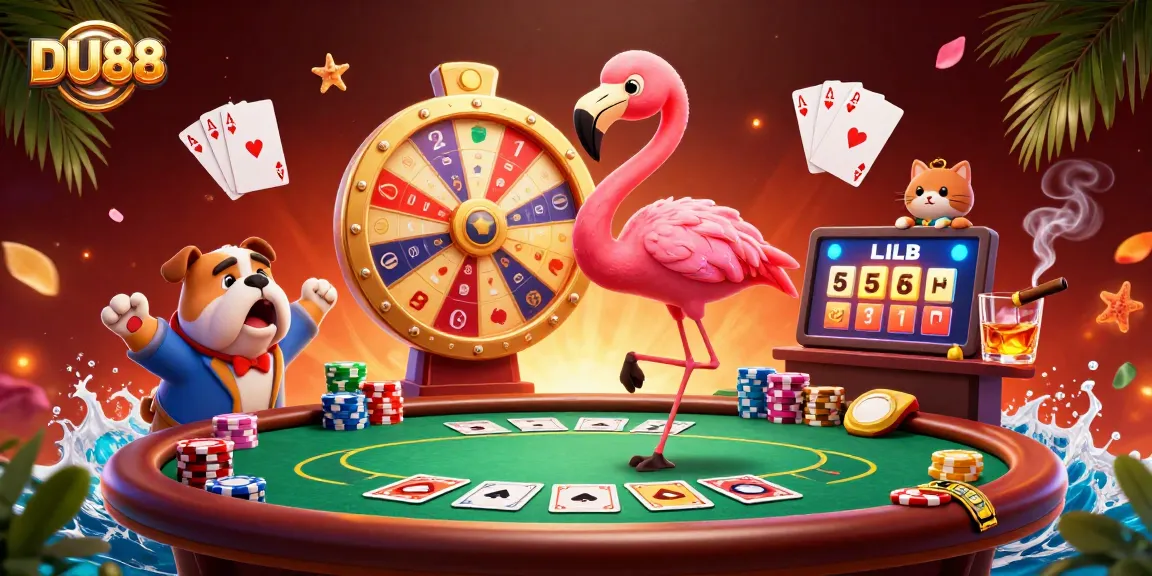 Exciting scene featuring DU88's game show host flamingo with contestants and poker elements.