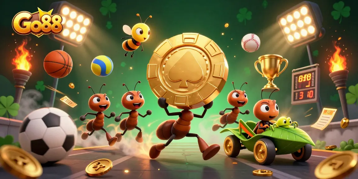 GO88 casino heist scene with ants, poker chip, and dynamic sports elements.