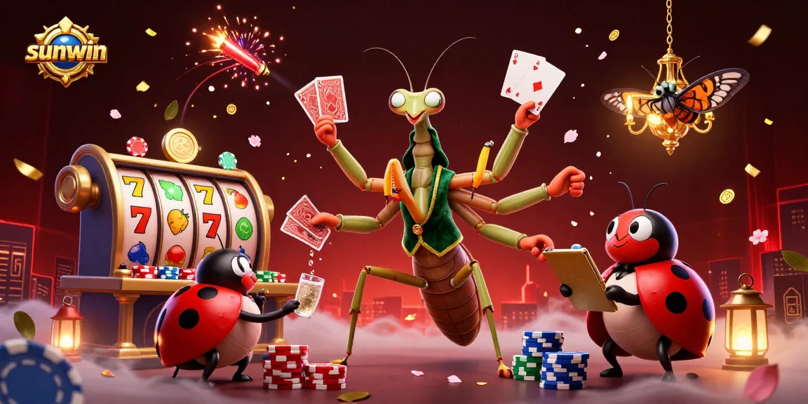 Experience exciting gaming with sunwin's lively casino scene featuring slot reels and vibrant characters.