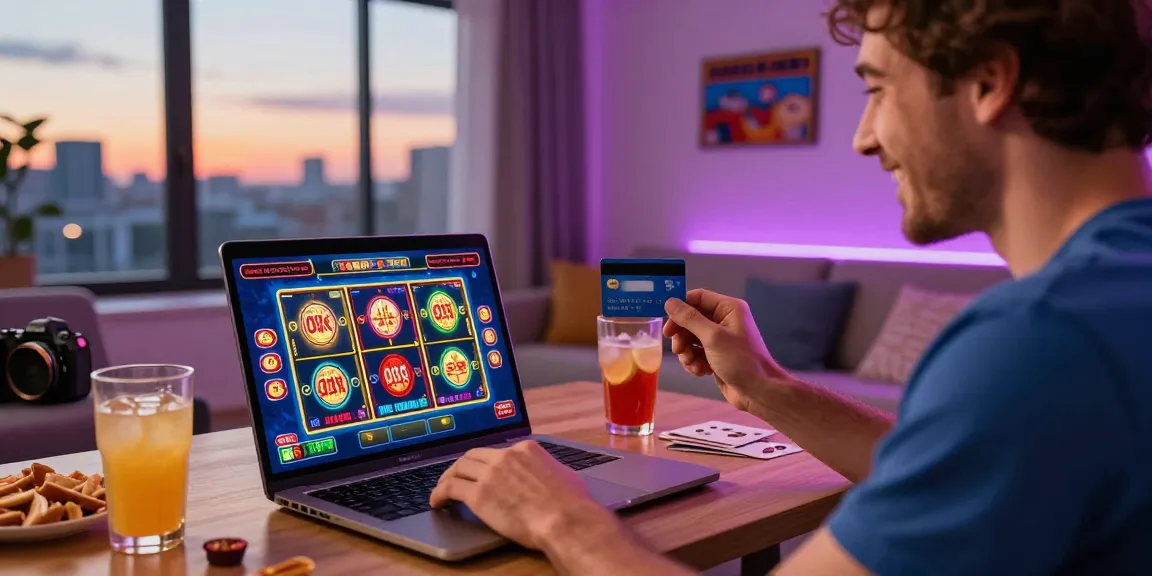 Exciting scene at credit card casinos with a player enjoying games on a laptop, credit card in hand.