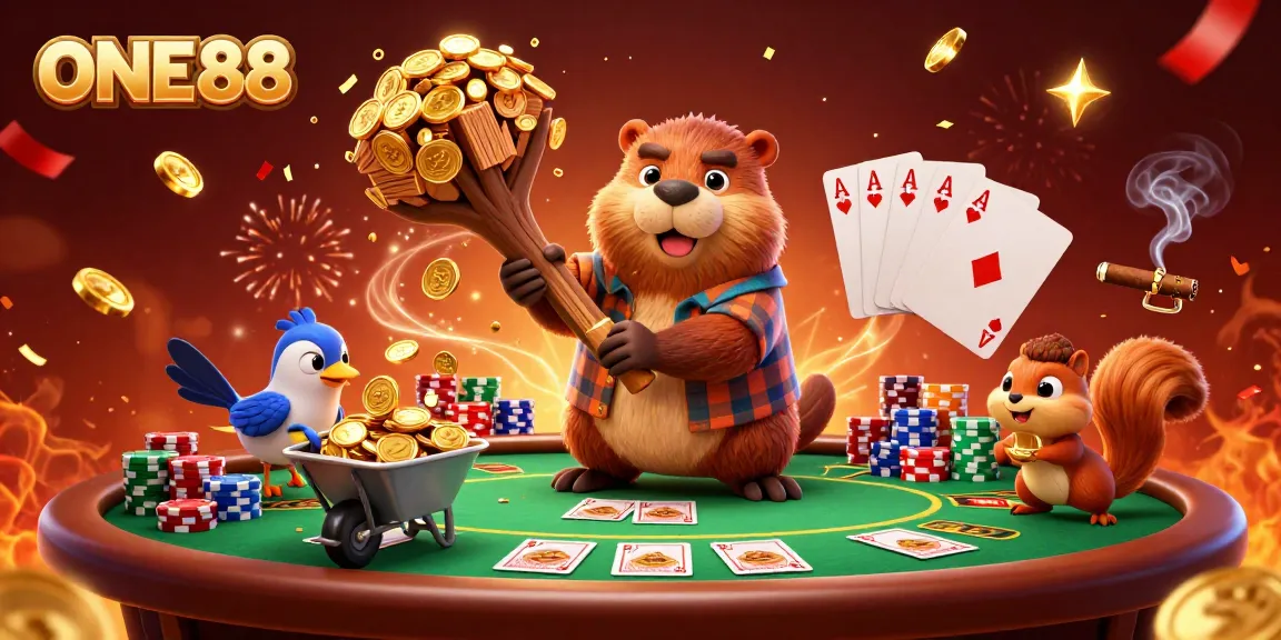 ONE88 engages in exciting poker with lively cartoon characters in a vibrant casino setting.