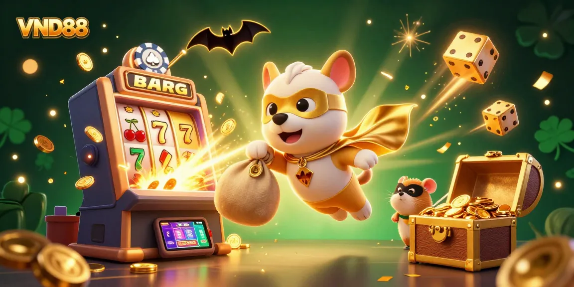 VND88's superhero dog character celebrates a jackpot win amidst vibrant casino elements.