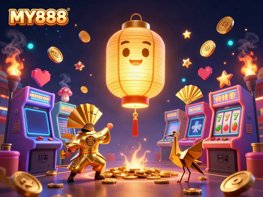 Engage with MY888's vibrant casino scene featuring golden lantern spirits, arcade machines, and slot symbols.