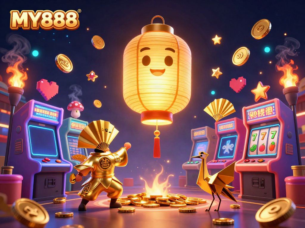 Engage with MY888's vibrant casino scene featuring golden lantern spirits, arcade machines, and slot symbols.