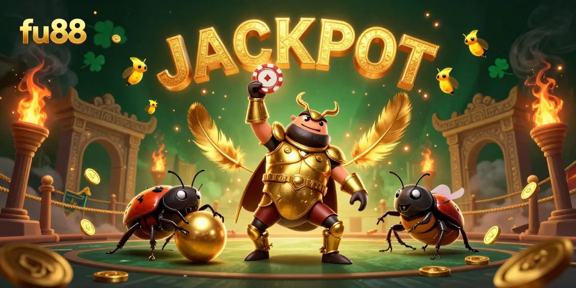 Experience the excitement of fu88 with a 3D illustration of a heroic beetle in a casino-themed victory.